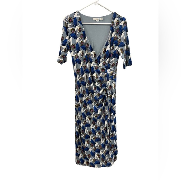 Boden Ruth Faux Wrap Dress Blue Botanical Sz 10 Long workwear business casual - Picture 3 of 12